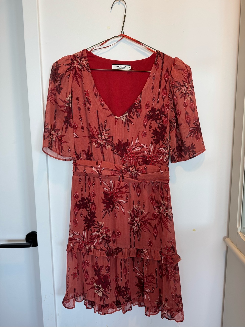 NAF NAF Rust Floral V-Neck Tiered Mini Dress